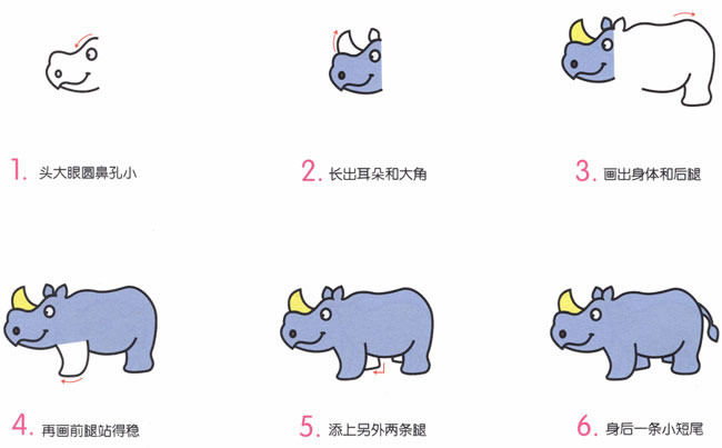 帶顏色的犀牛簡(jiǎn)筆畫步驟